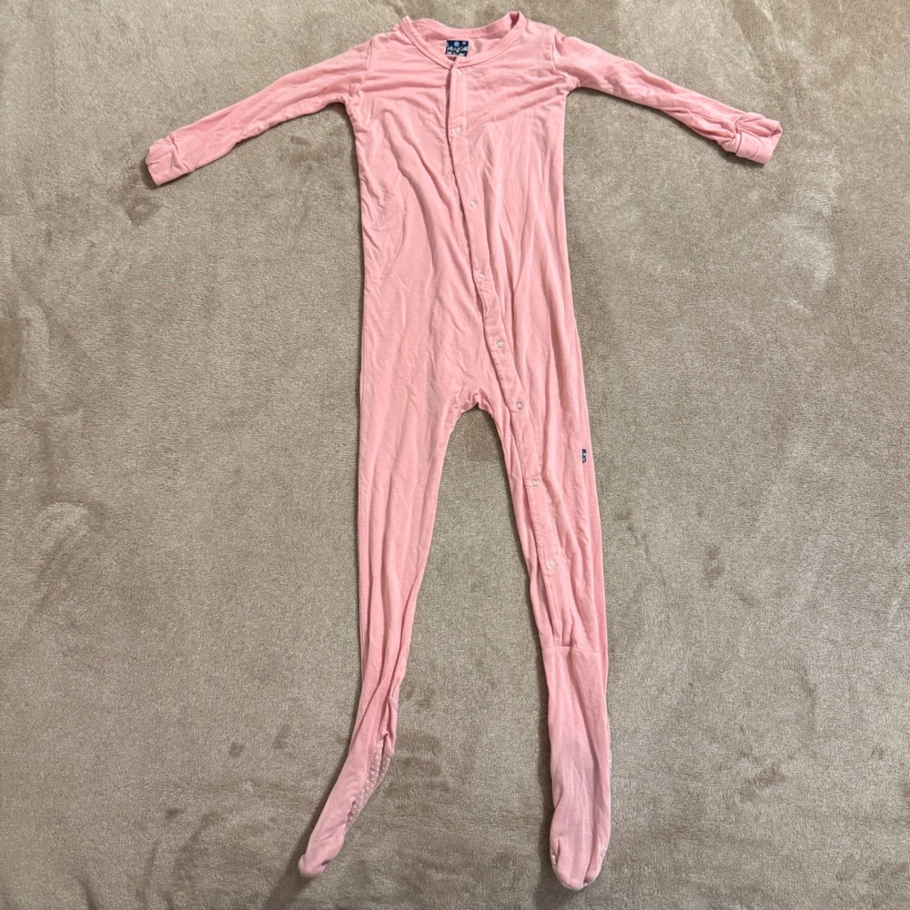 KicKee Pants Pink Bamboo Snap Footie Pajamas 4T Mitten Cuffs Gripper Feet